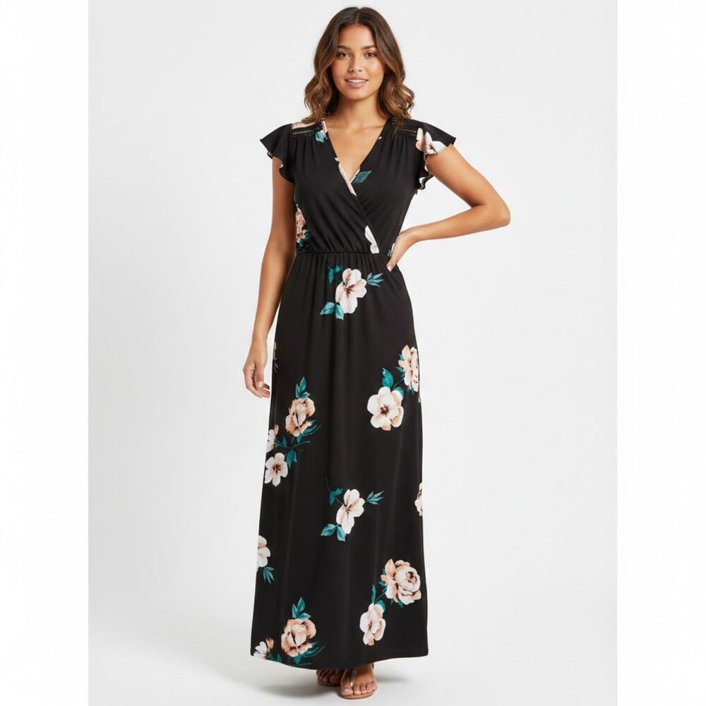 Loveappella Black Hibiscus Fuax Wrap V Neck Hawaiian Maxi Boho Rayon Dress SZ M